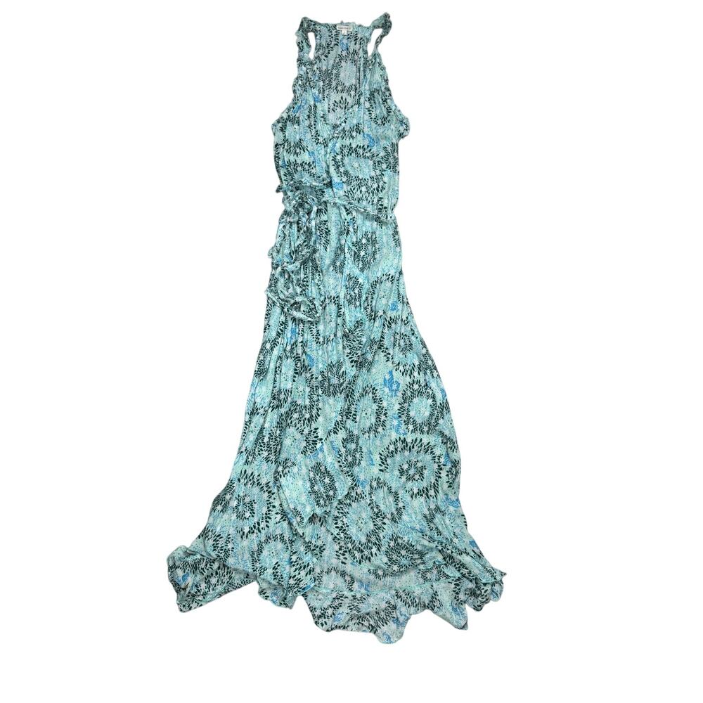 Poupette St. Barth Tamara Midi Dress M High Low Wrap Blue Green Ruffle Floral